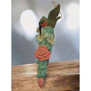 Hand-Painted Hummingbird Hanging Ornament With Flowers Multicolor Resin Design N